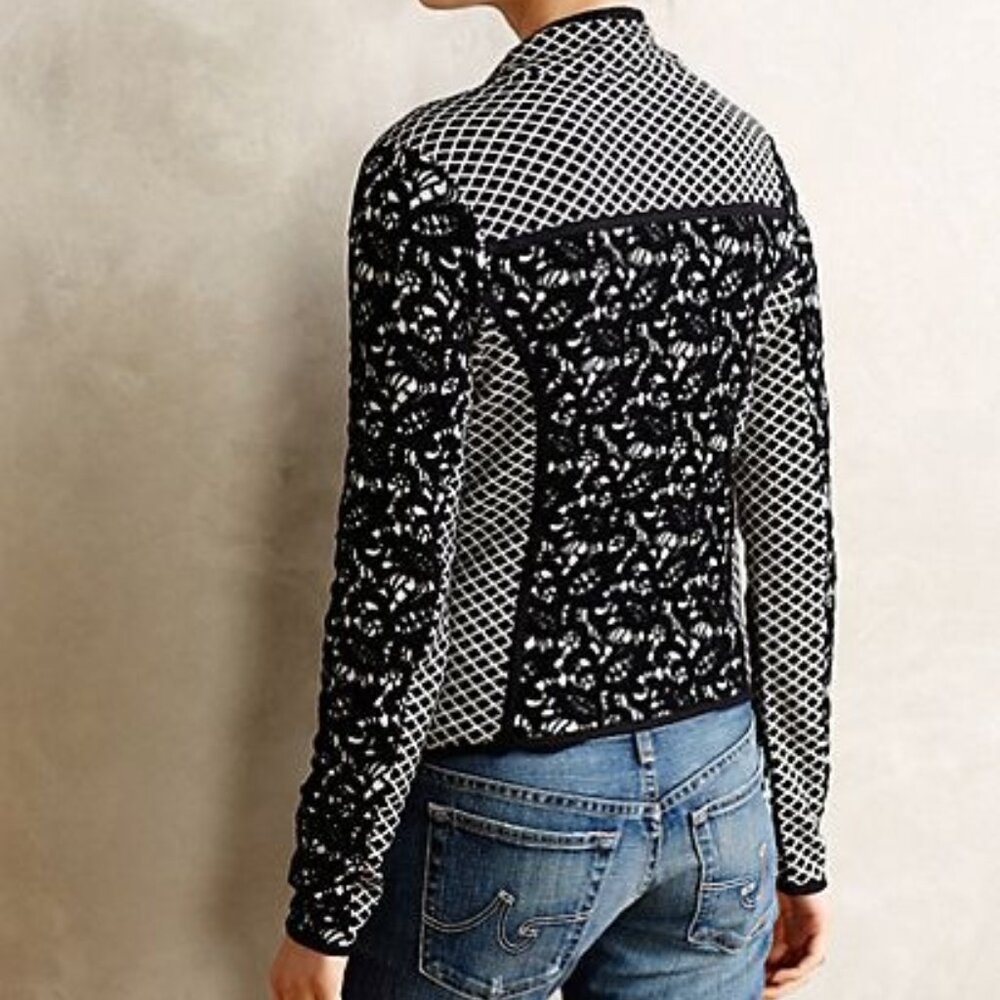 ANTHROPOLOGIE Jacquard Moto Cardi Black Grey Asymmetrical Knit Jacket - Picture 2 of 3